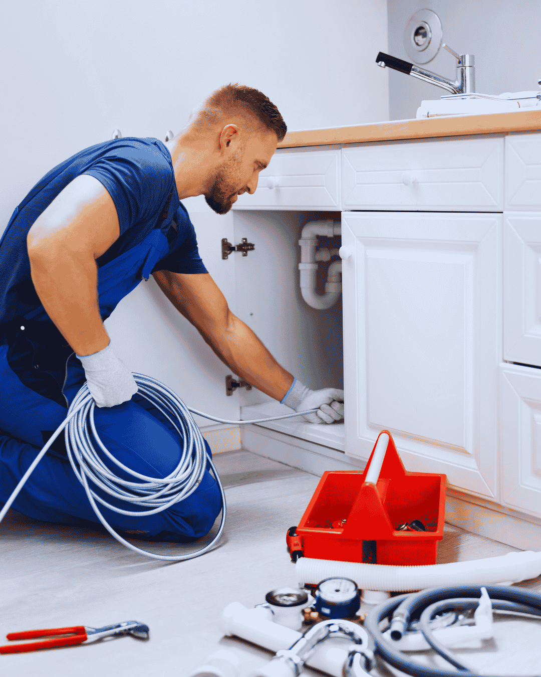 Licensed plumber in Greenacres FL clearing a blocked kitchen drain line