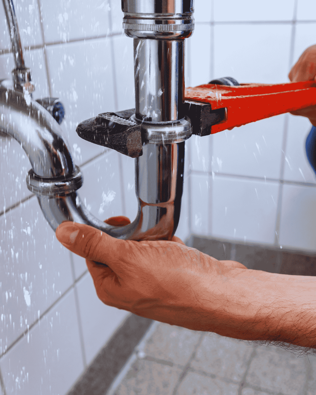 Boynton Beach plumber tightening a leaking sink drain pipe with a pipe wrench