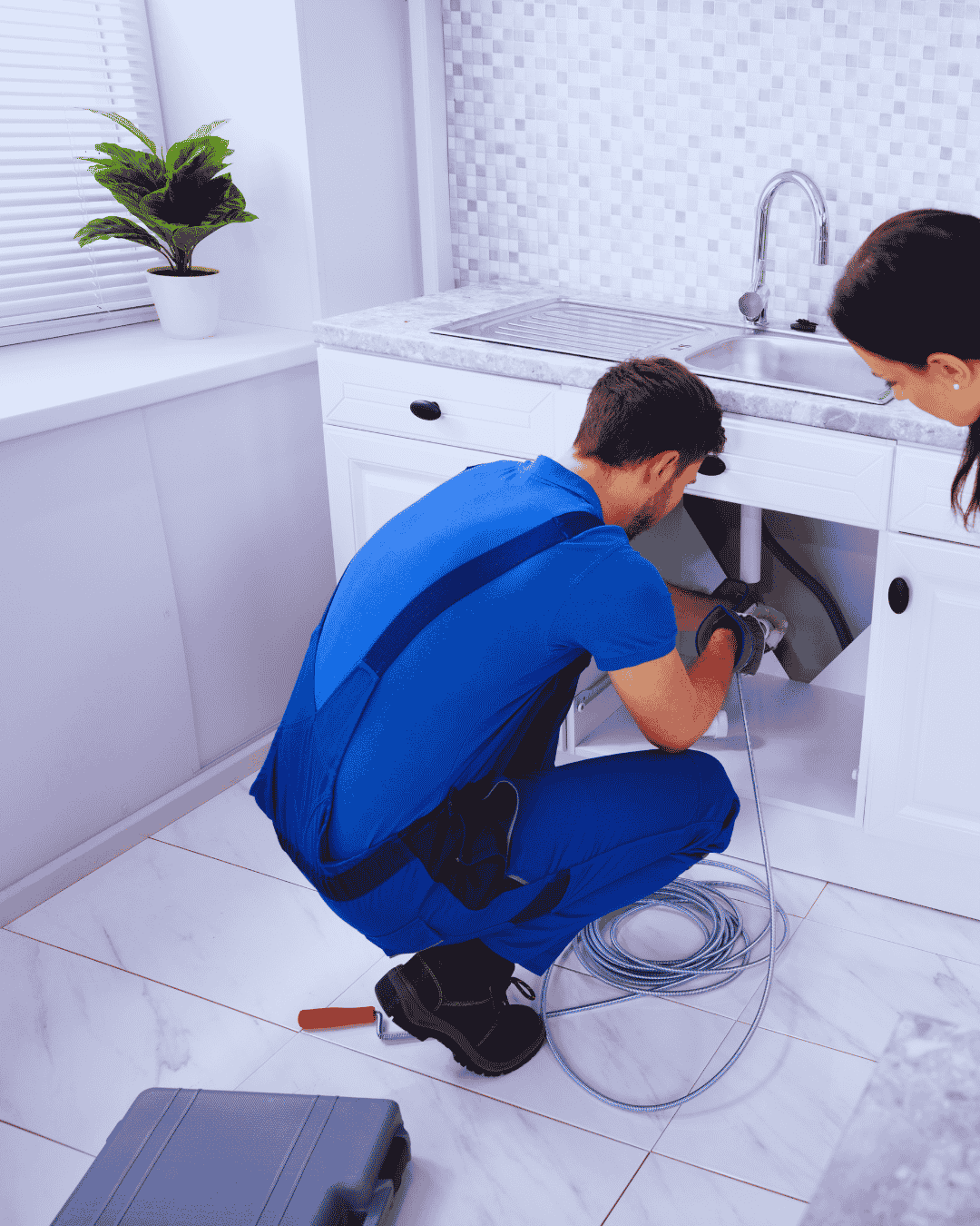 Plumber using a drain machine to clear a clogged kitchen drain line in Boynton Beach